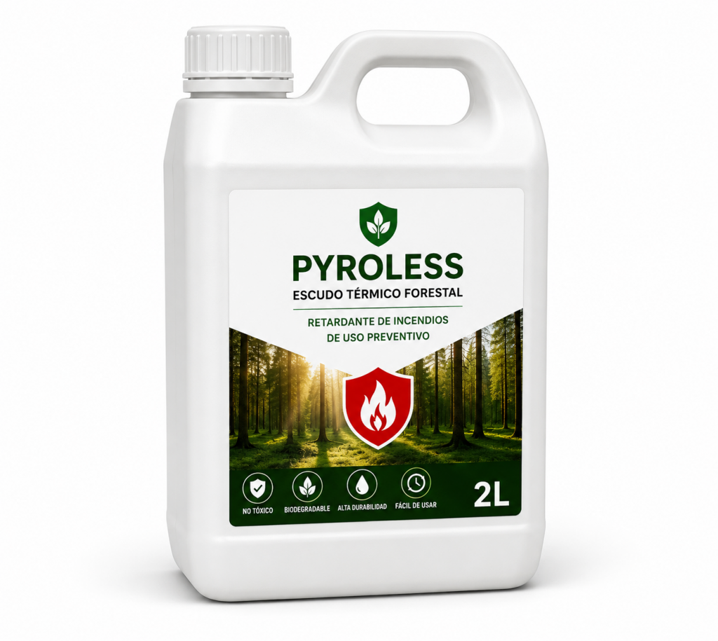 Garrafa de 2 litros de PYROLESS™ – Escudo Térmico Forestal para protección frente a incendios forestales.