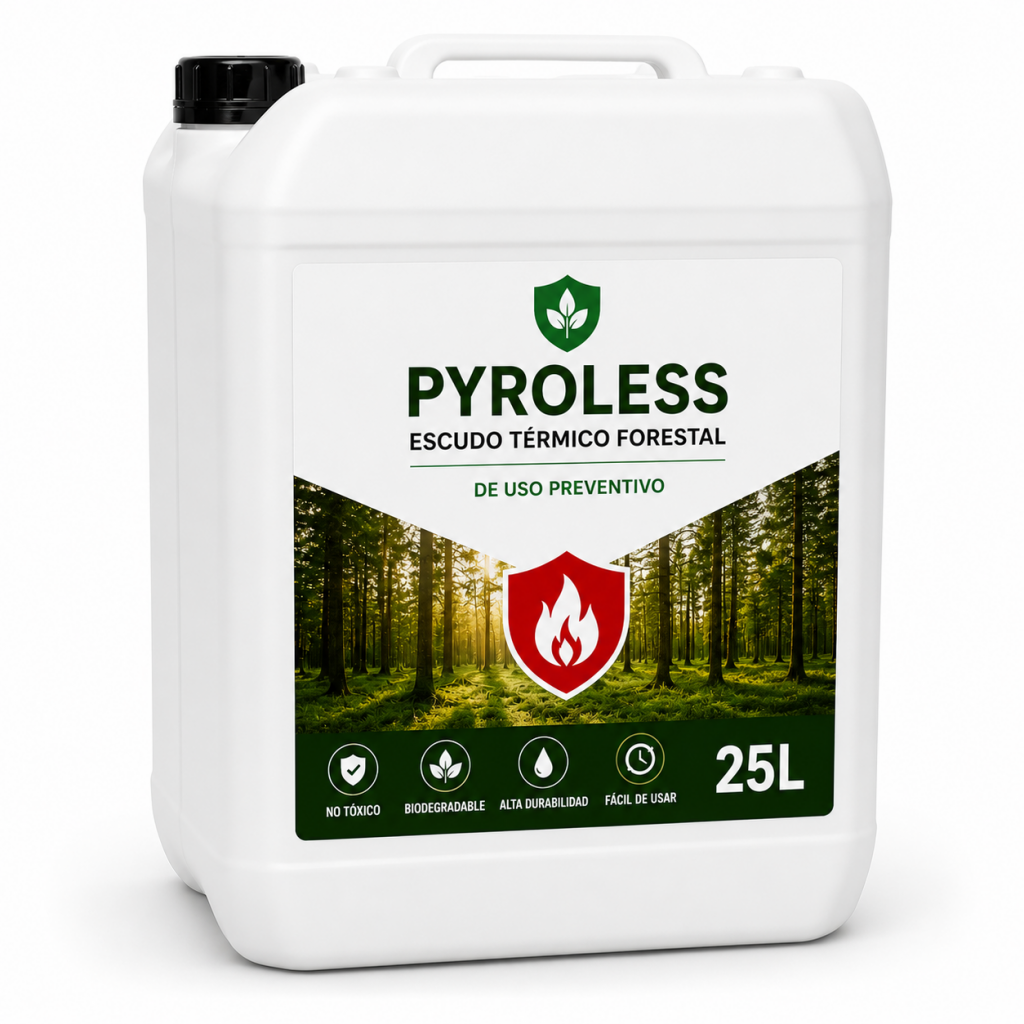 Garrafa de 25 litros de PYROLESS™ – Escudo Térmico Forestal para protección frente a incendios forestales.