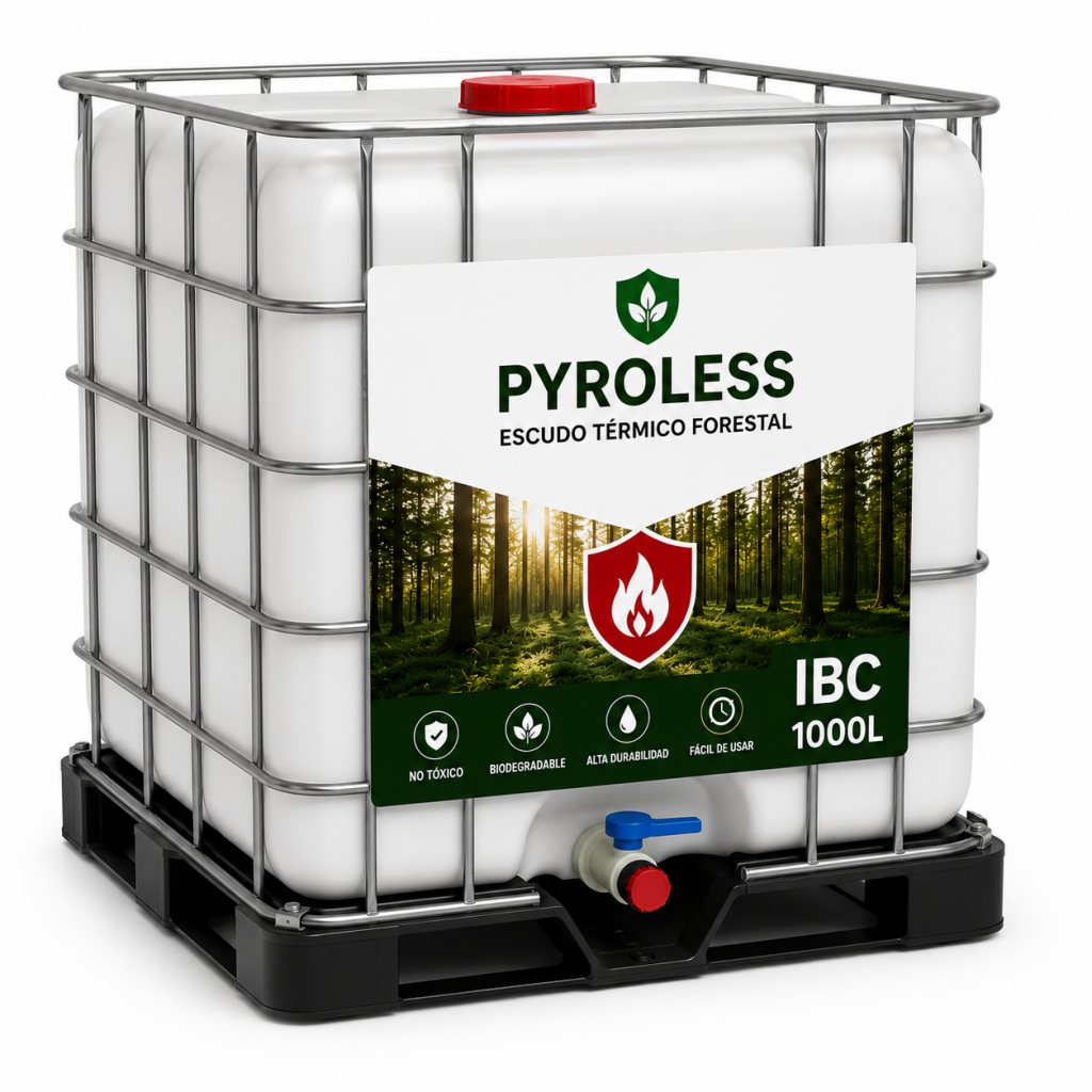 IBC de 1.000 litros de PYROLESS™ – Escudo Térmico Forestal para protección frente a incendios forestales.