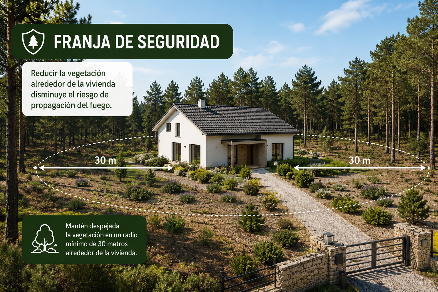 Franja de seguridad alrededor de una vivienda para reducir la propagación del fuego