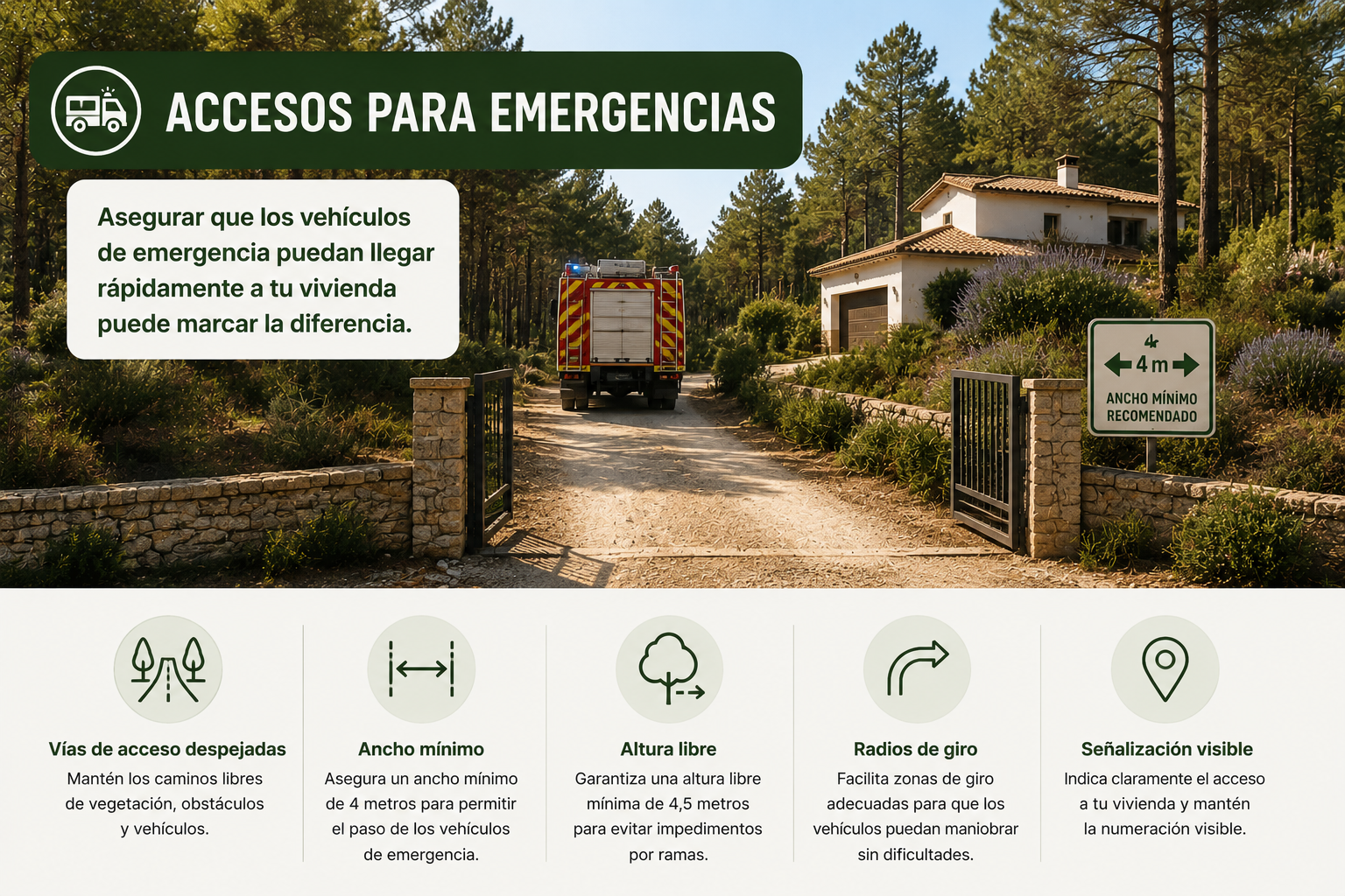 Acceso despejado para la llegada de vehículos de emergencia a una vivienda