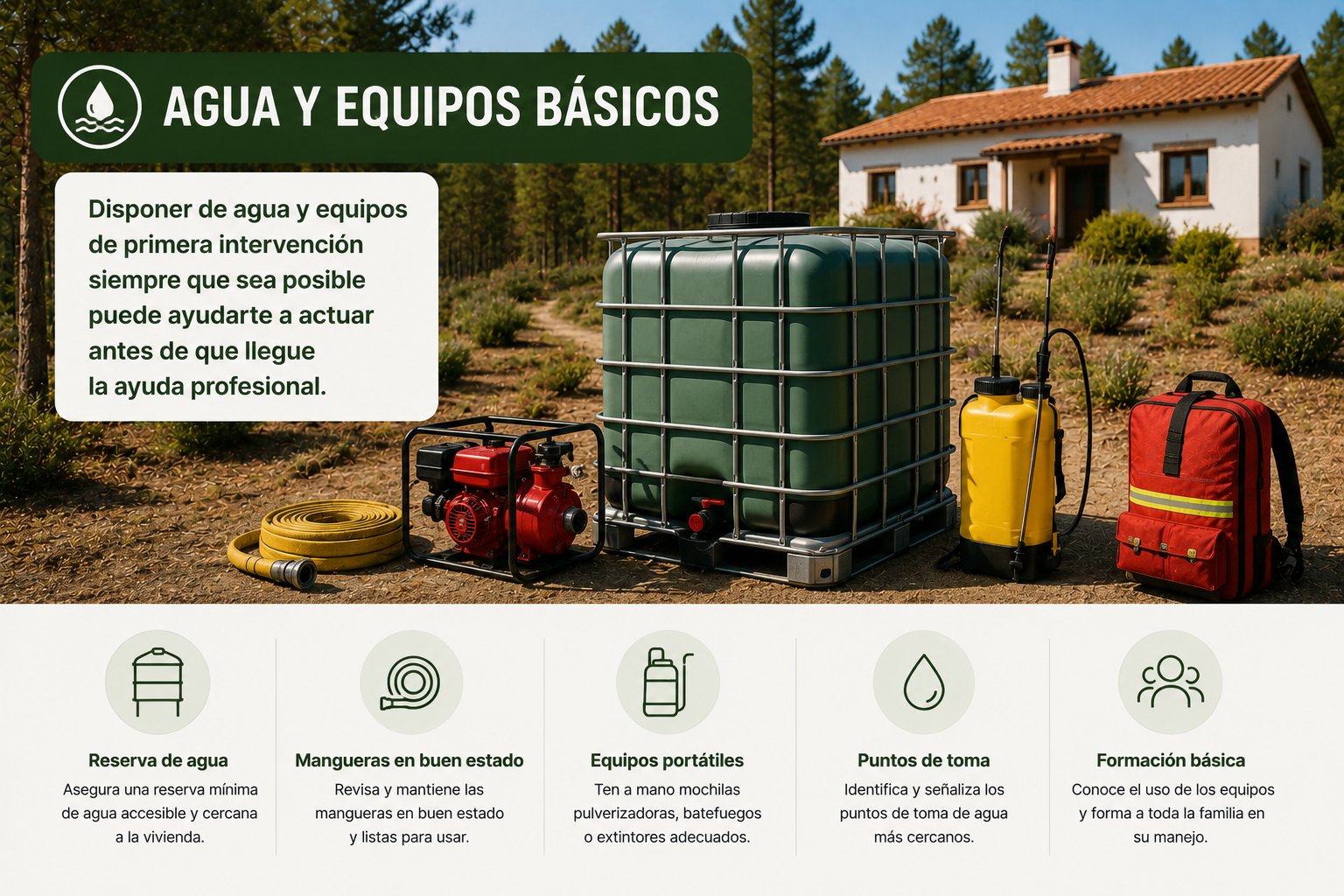 Reserva de agua y equipos básicos para la protección de una vivienda