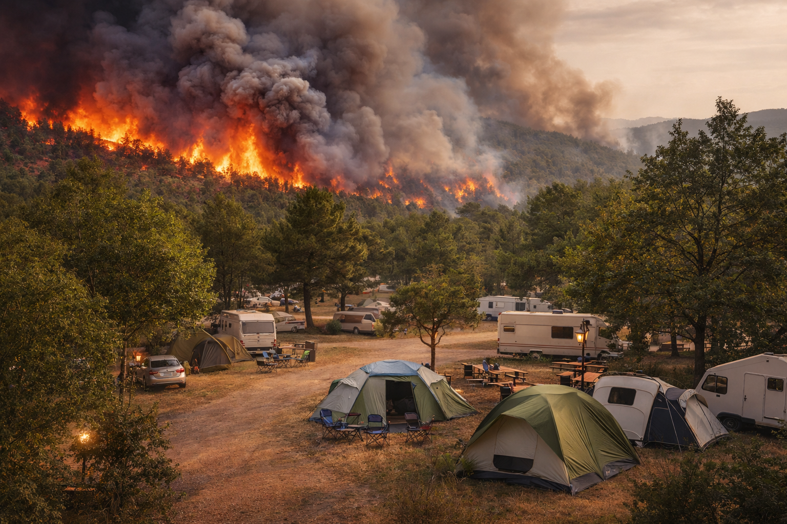 Camping situado junto a una zona forestal amenazada por un incendio