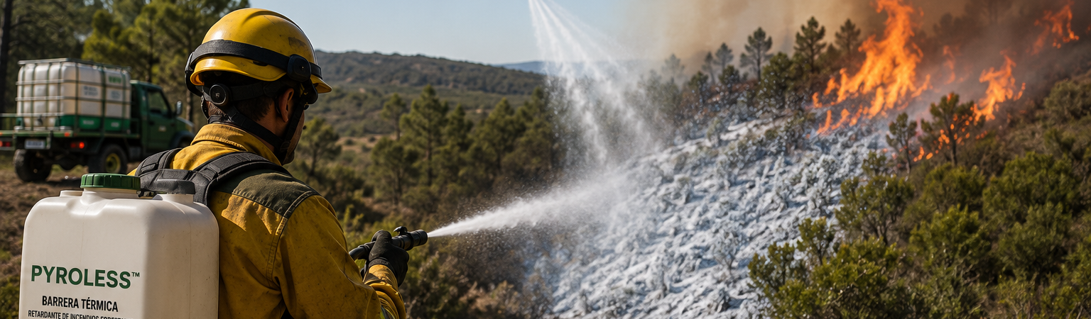 Retardante y barrera térmica aplicada para proteger un frente de incendio forestal