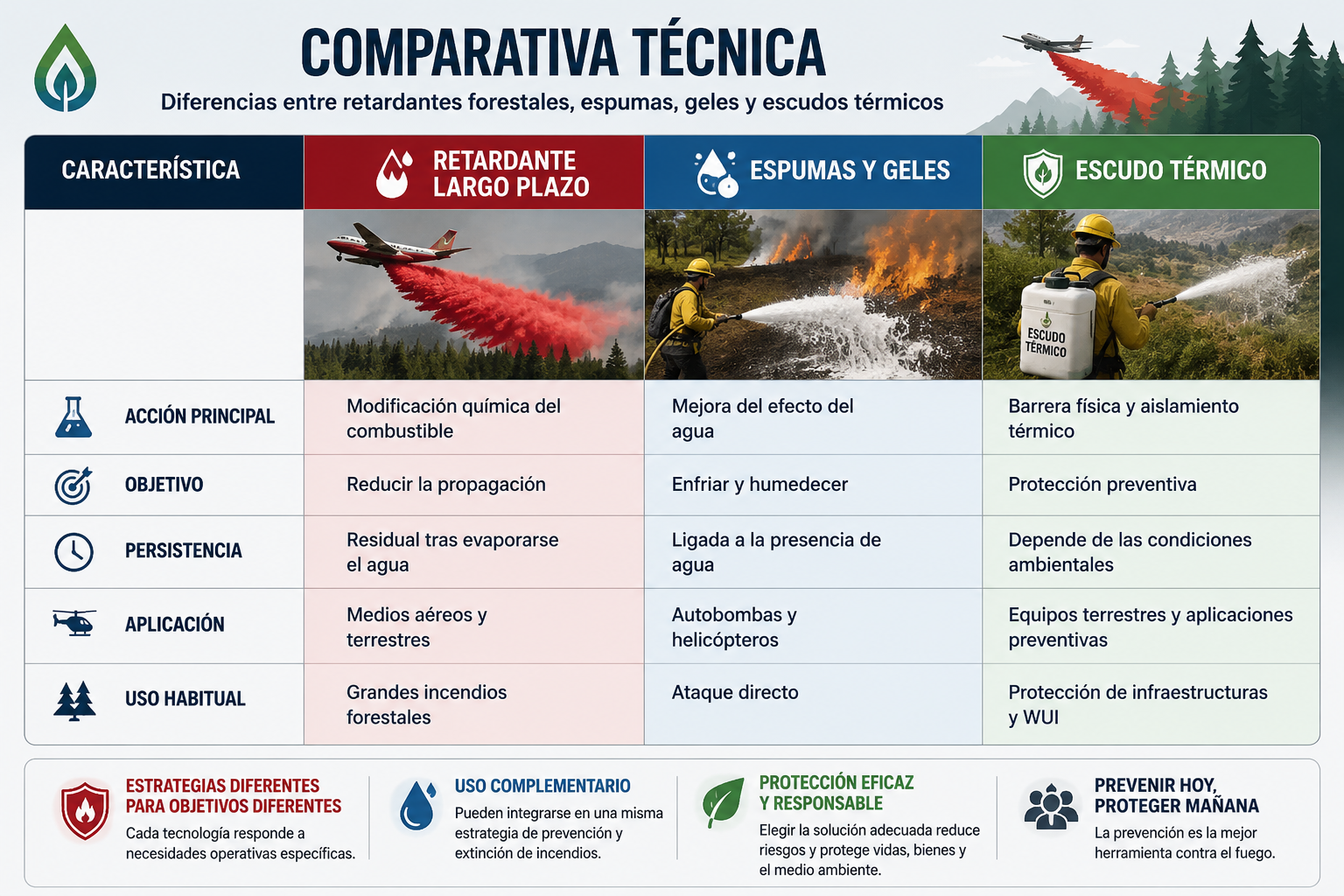 Comparativa técnica de retardantes forestales, espumas, geles y barreras térmicas contra incendios forestales, con sus diferencias, aplicaciones y funcionamiento.