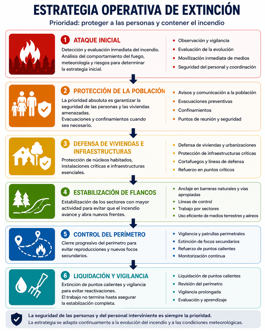 Infografía sobre la estrategia operativa de extinción en incendios forestales, con las fases de ataque inicial, protección de la población, defensa de viviendas, estabilización de flancos, control del perímetro y liquidación del incendio.