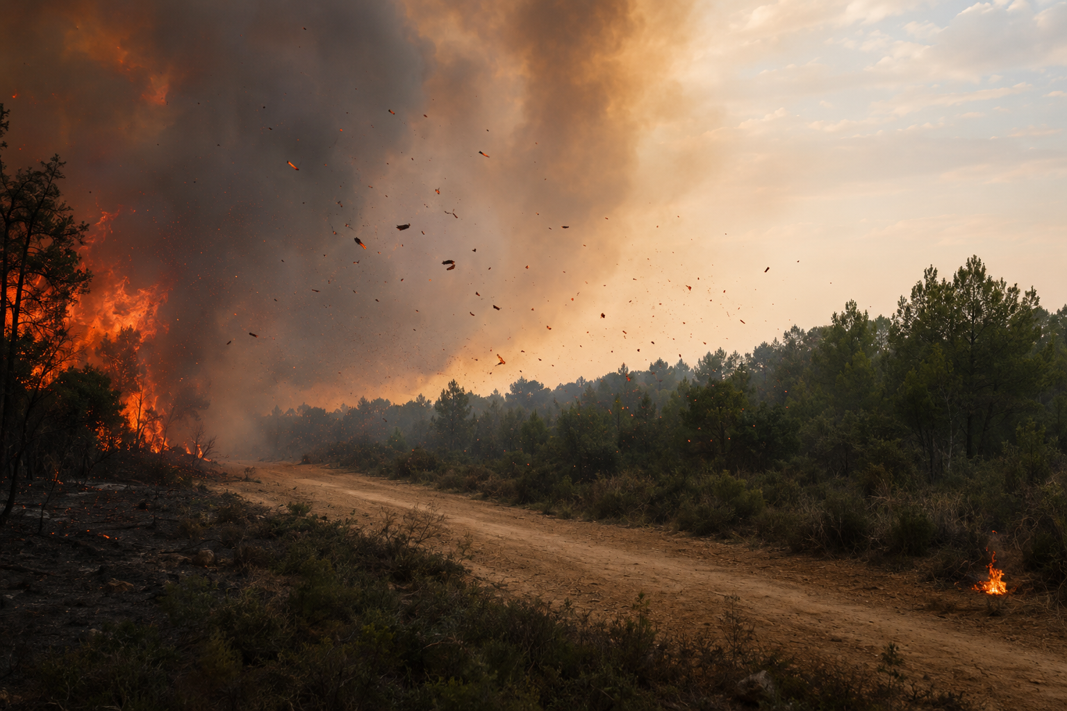 Pavesas de un incendio forestal atravesando un cortafuegos y generando un foco secundario