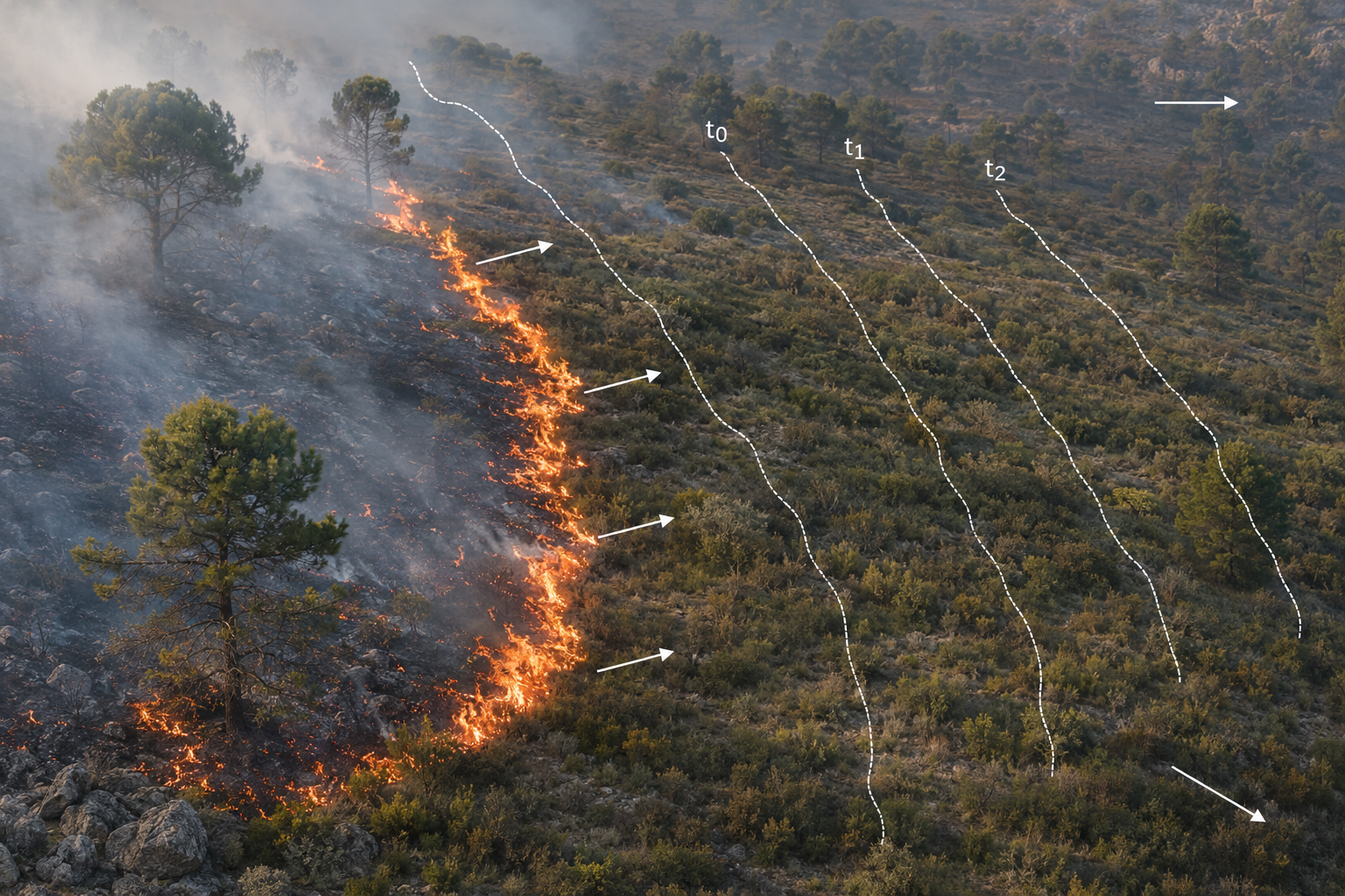 Frente de incendio forestal con isocronas y dirección de propagación