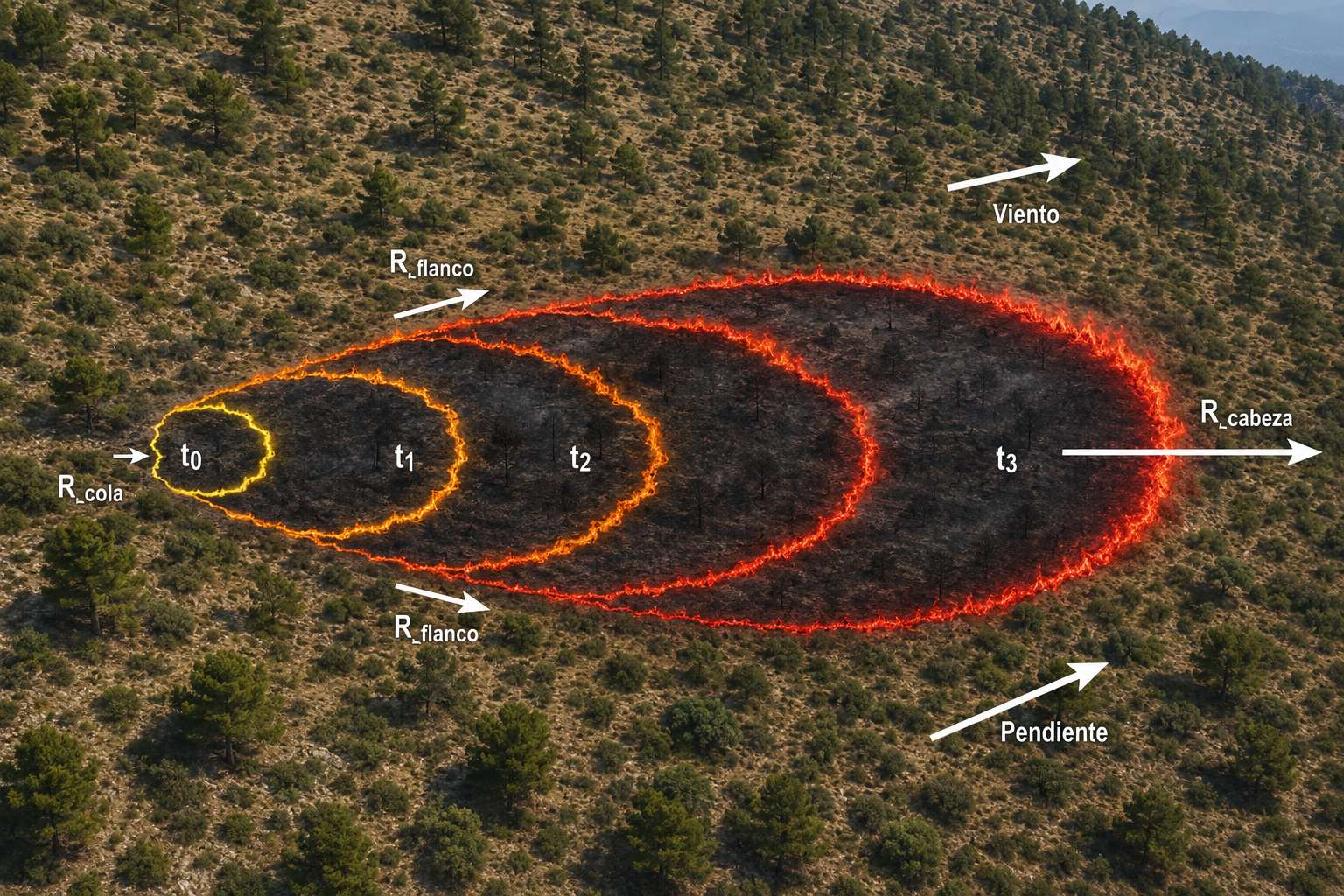 Evolución de un incendio forestal mediante isocronas, con distinta velocidad de propagación en cabeza, flancos y cola.