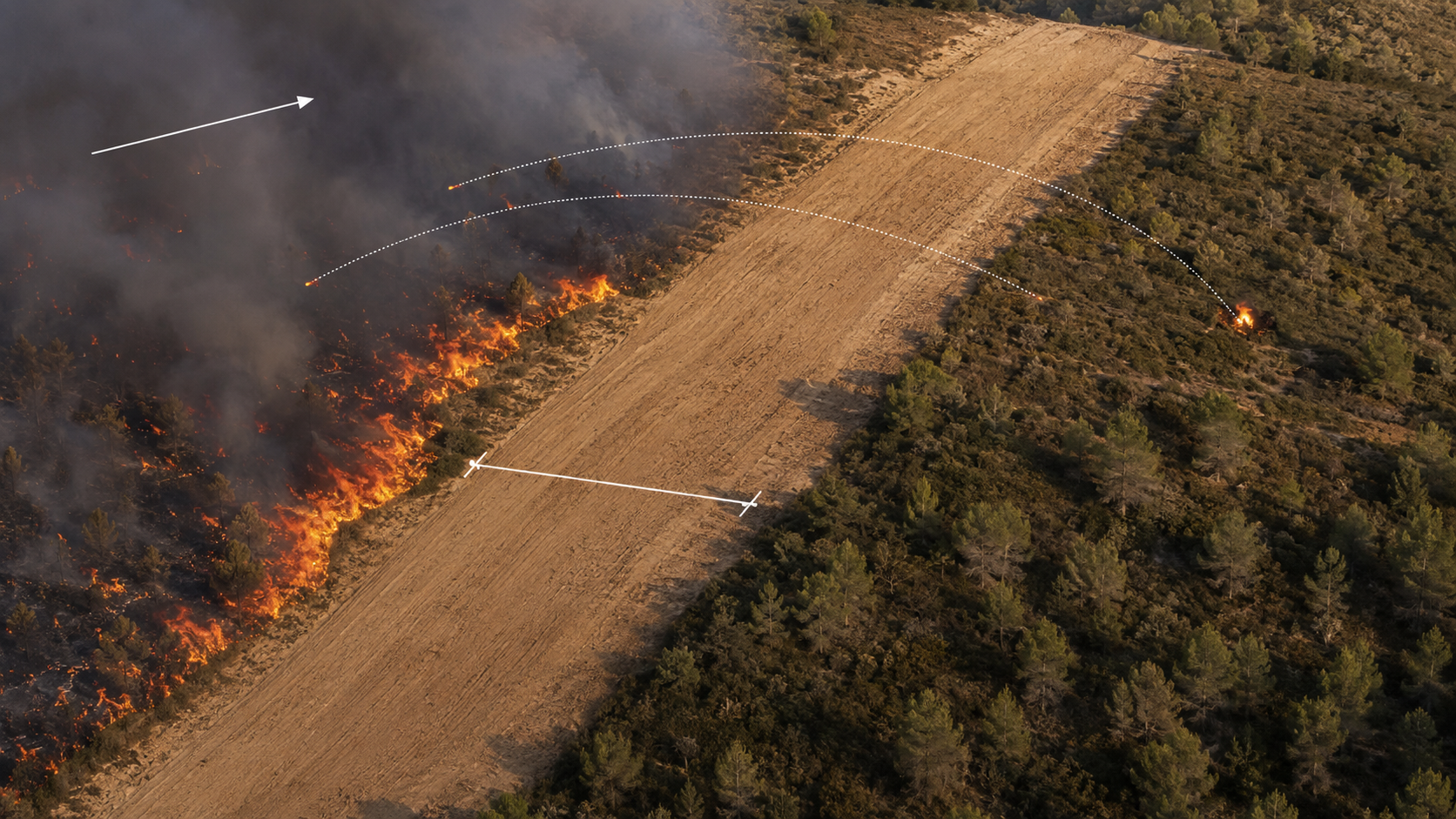 Frente de incendio junto a un cortafuegos con pavesas cruzando la franja