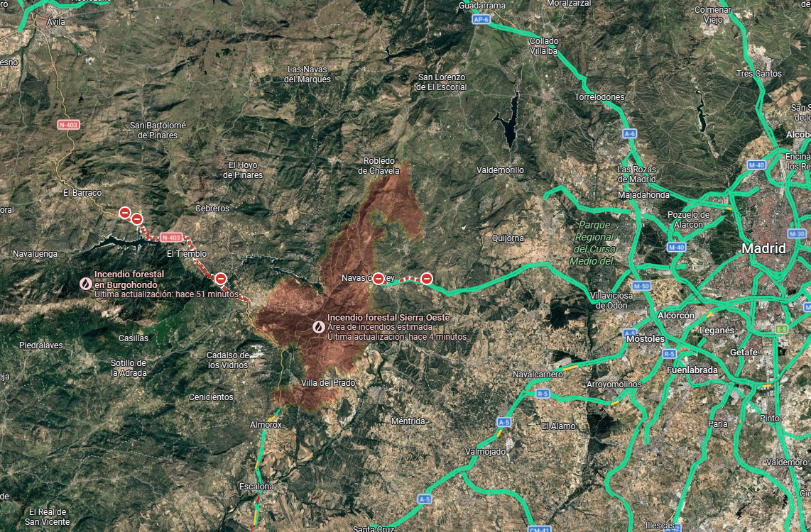 Imagen satelital del incendio forestal de Burgohondo (Ávila), con el perímetro afectado y la evolución de la superficie quemada en el entorno del Valle de Iruelas.