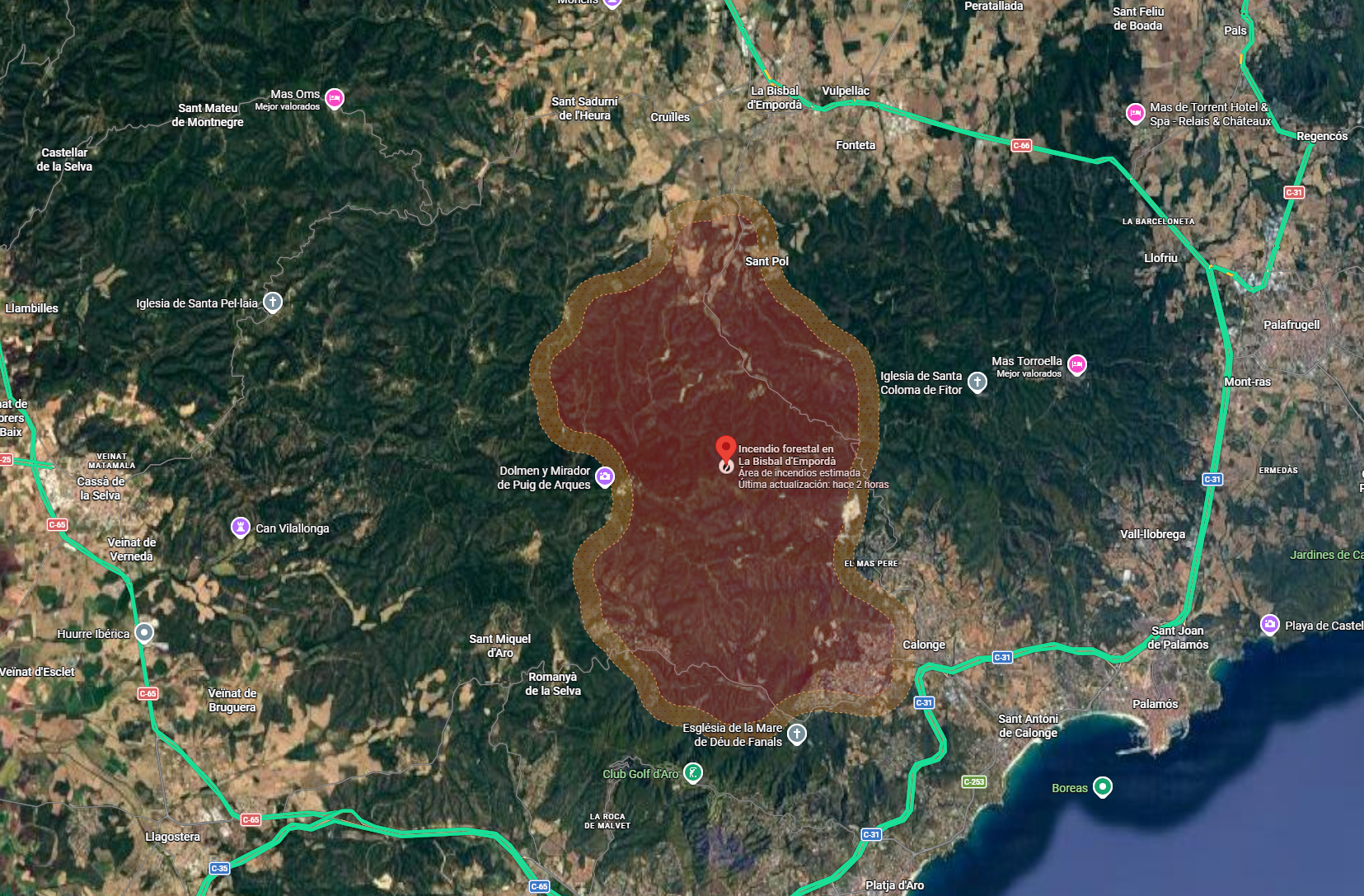 Imagen satelital del incendio forestal de Les Gavarres (Girona), con el perímetro afectado y la distribución de la superficie quemada.