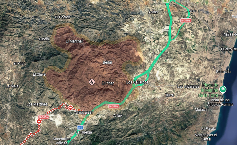 Imagen satelital del incendio forestal de Los Gallardos (Almería), con el perímetro afectado y la distribución de la superficie quemada.