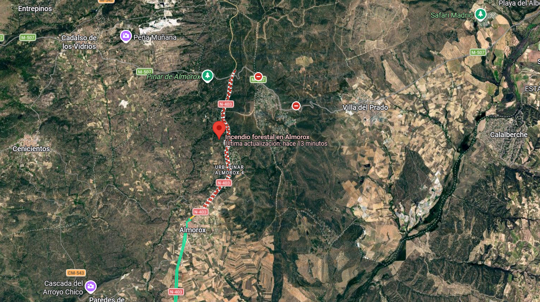 Mapa de la evolución del incendio forestal de Almorox (Toledo-Madrid), con el perímetro afectado y las principales zonas de propagación.