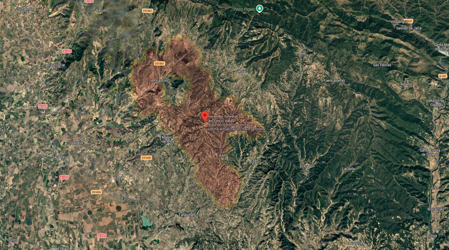 Imagen satelital del incendio forestal de Zaragoza, con el perímetro afectado y las principales áreas quemadas durante la evolución del incendio.