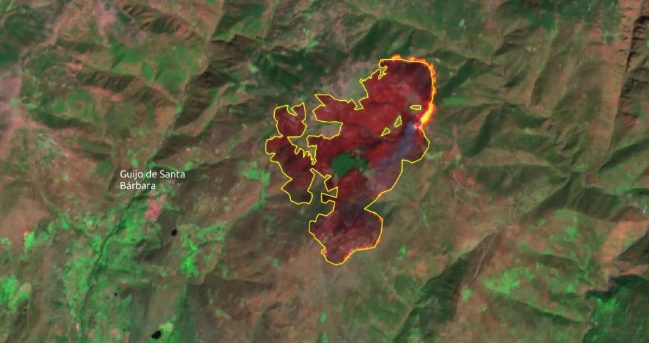 Imagen satelital del incendio forestal de Leciñena (Zaragoza), con el perímetro afectado y la distribución de la superficie quemada.