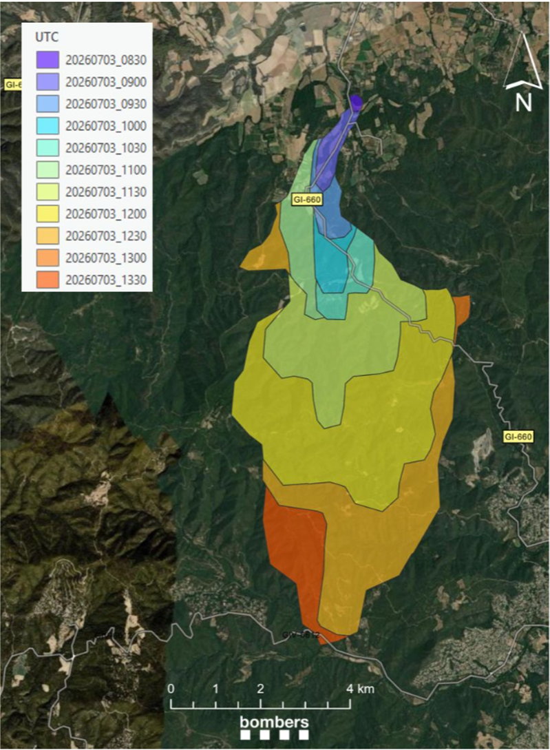 Evolución del perímetro del incendio de Les Gavarres durante las primeras horas del incendio forestal
