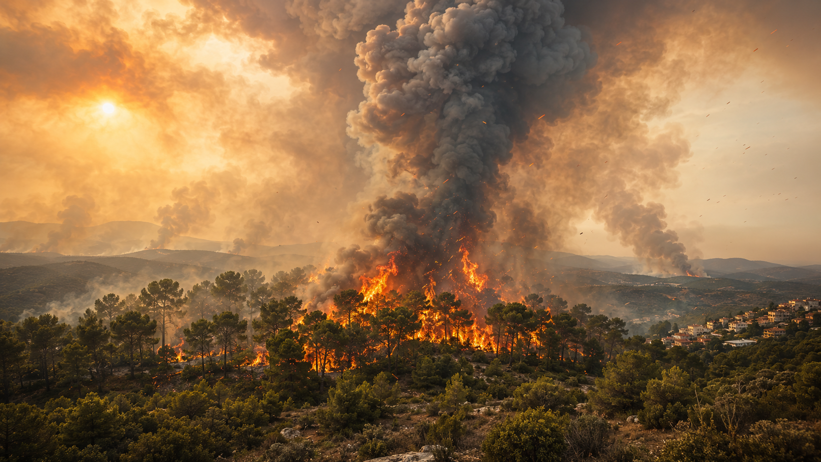 Incendio de copas con columna piroconvectiva e interfaz urbano-forestal