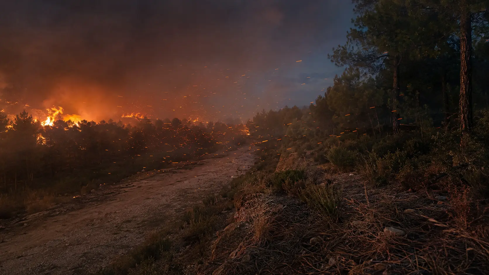 Wind-driven wildfire embers crossing a fuel break towards unburned Mediterranean vegetation.